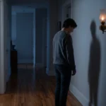 Immagine simbolica del gaslighting: una persona a capo chino in un corridoio buio accanto ad una lampada a gas, mentre sulla parete la sua ombra resta eretta